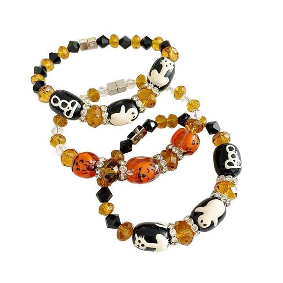 NWT 3 Glass Hand Painted Halloween Themed Magnetic Bracelets - Cat, Pumpkin, Boo - Picture 1 of 4